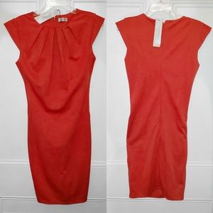 Red business casual dress with pleats